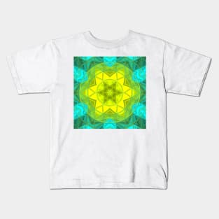 Mosaic Kaleidoscope Flower Yellow Green and Blue Kids T-Shirt